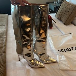 Schutz Mary up metallic silver boots Sz 10